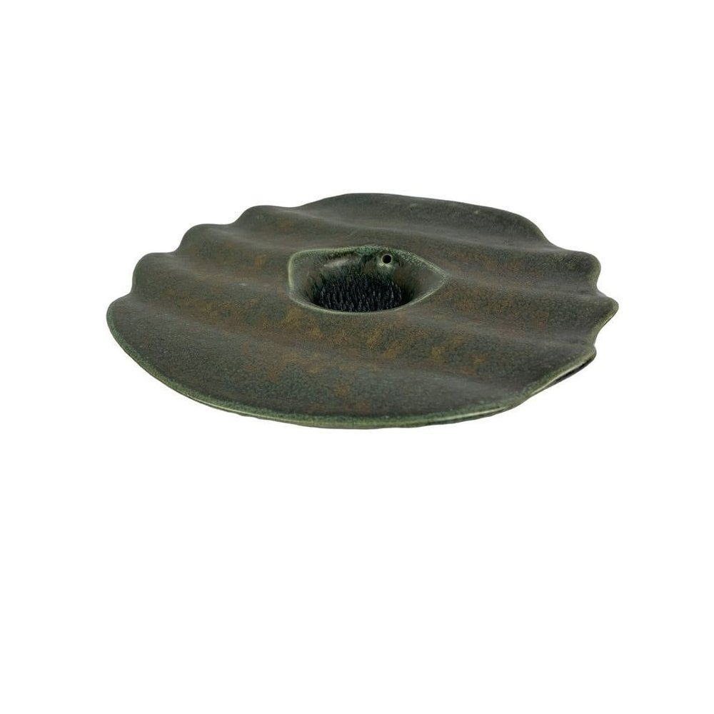Signed Art Pottery Green Frog Speckled Glaze Lilypad Design